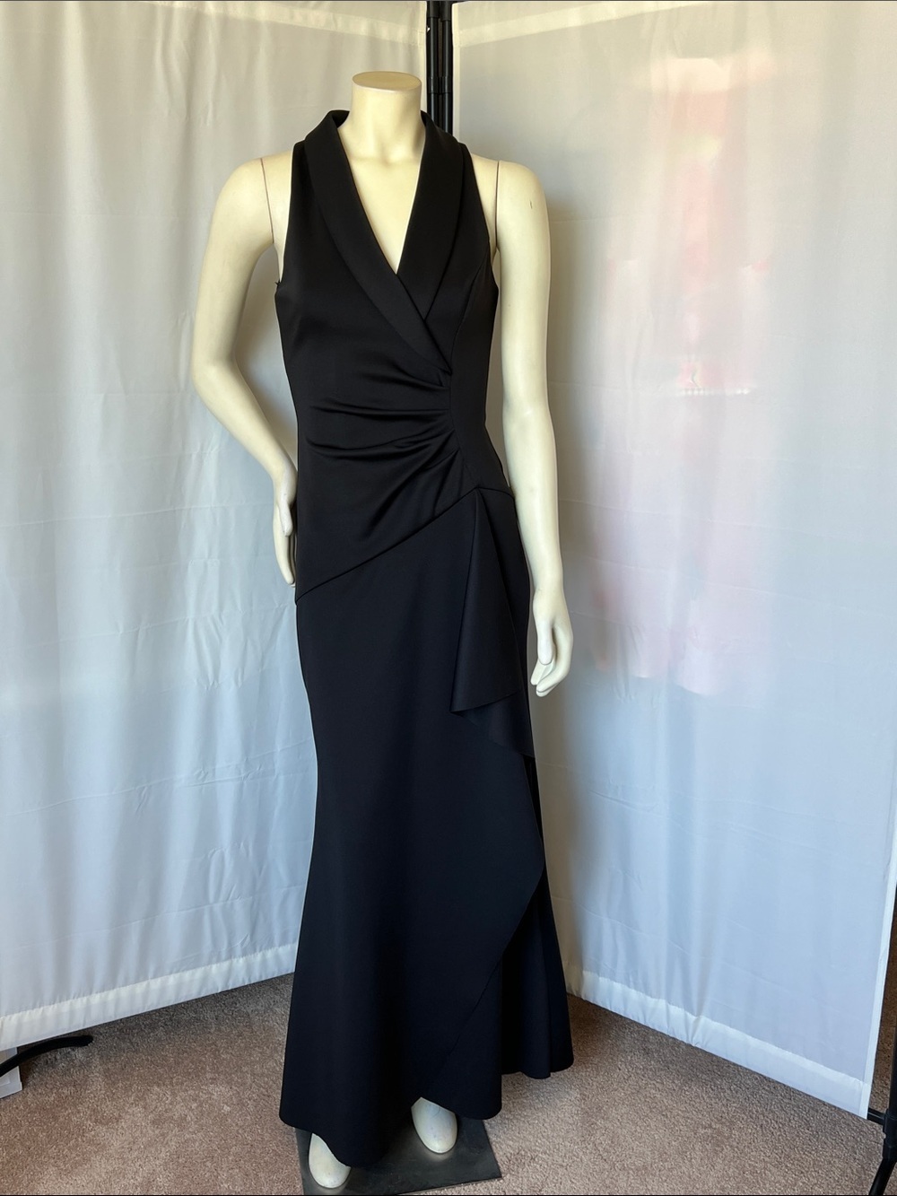 Xscape Scuba Sleeveless Black V-Neck Draped Evening Dress